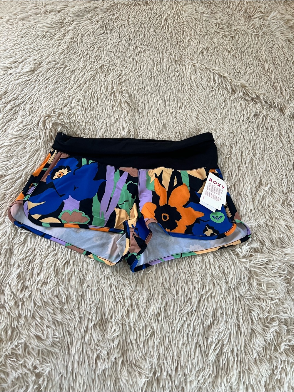 Roxy Black Waistband Floral Athletic Shorts with Blue & Orange Print